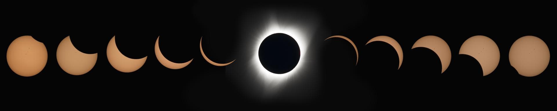 A composite tracks the total solar eclipse above Madras, Oregon, from first bite to totality.