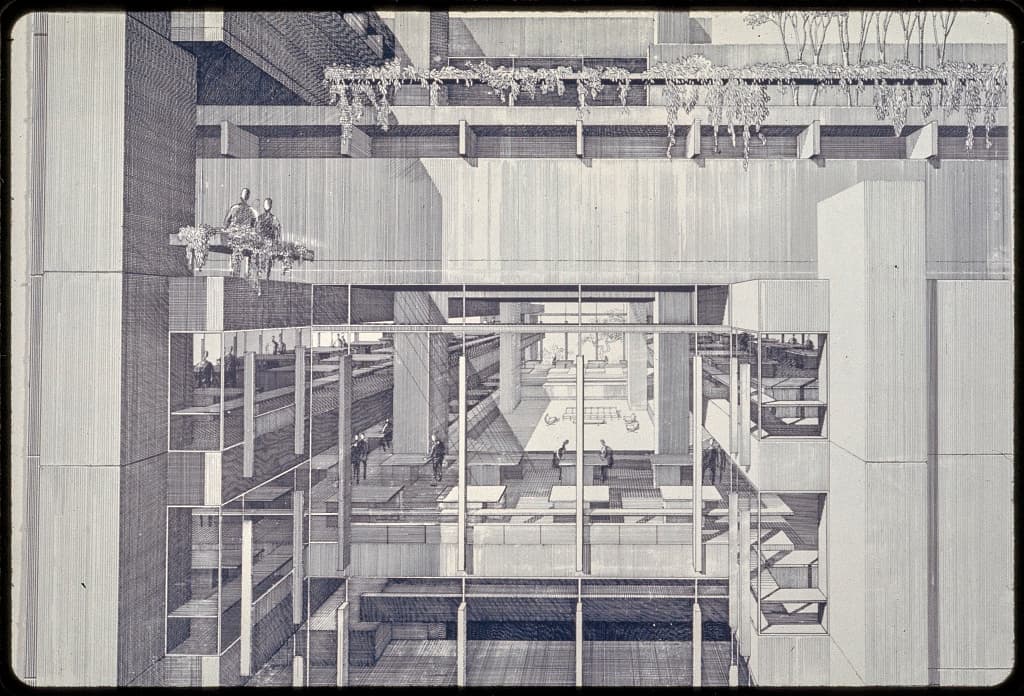 A color architectural study captures the bold geometry of the Government Service Center.
