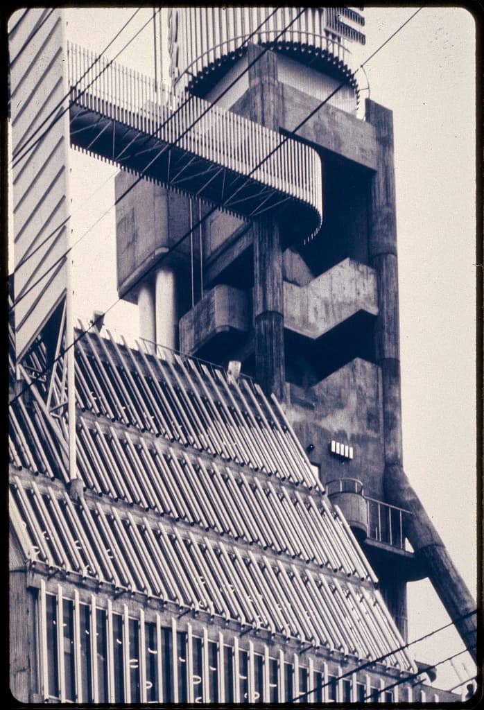 Paul Rudolph's Daiei House headquarters appears in a dramatic architectural detail.