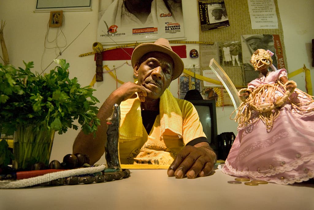 The legendary capoeira teacher is photographed at his Escola de Capoeira Angola.