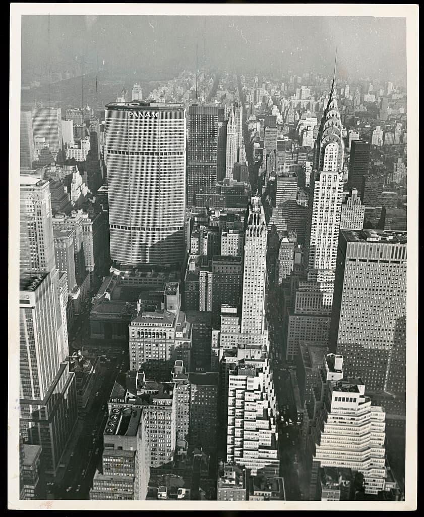 The Pan Am and Chrysler buildings anchor a striking aerial view of New York City.