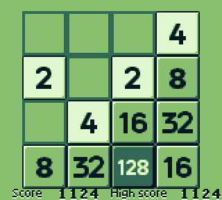 2048 running on Game Boy: numbered tiles on a four by four board